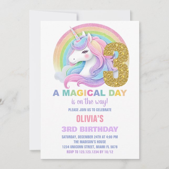 Invitaciones de cumpleaños de Unicornio Purpurina  (Anverso)