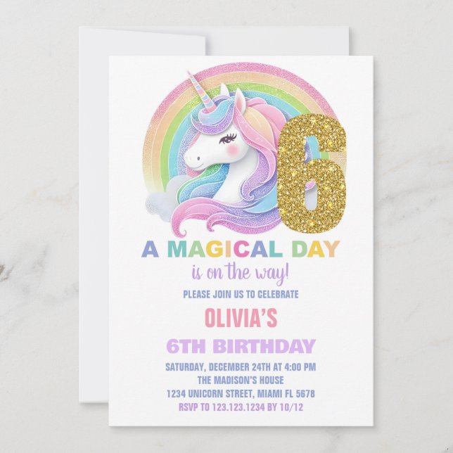 Invitaciones de cumpleaños de Unicornio Purpurina  (Anverso)