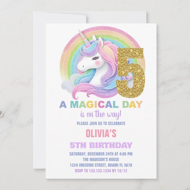 Invitaciones de cumpleaños de Unicornio Purpurina  (Anverso)