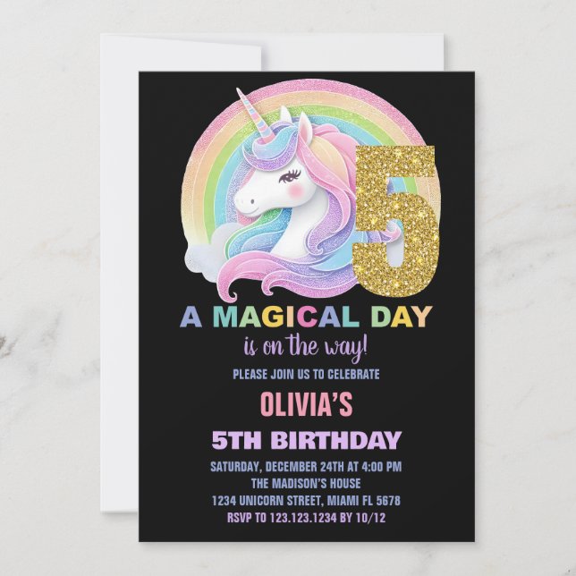 Invitaciones de cumpleaños de Unicornio Purpurina  (Anverso)