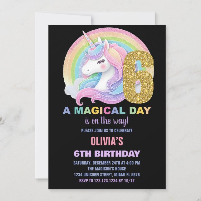 Invitaciones de cumpleaños de Unicornio Purpurina  (Anverso)