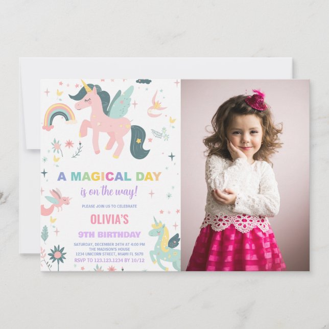 Invitaciones de cumpleaños de Unicornio rosa con f (Anverso)