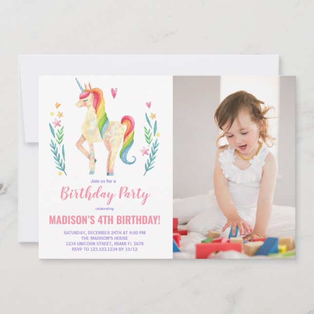 Invitaciones de cumpleaños de Unicornio rosa con f (Anverso)