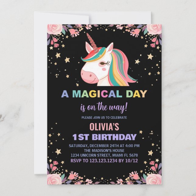 Invitaciones de cumpleaños de Unicornio, Rosa flor (Anverso)