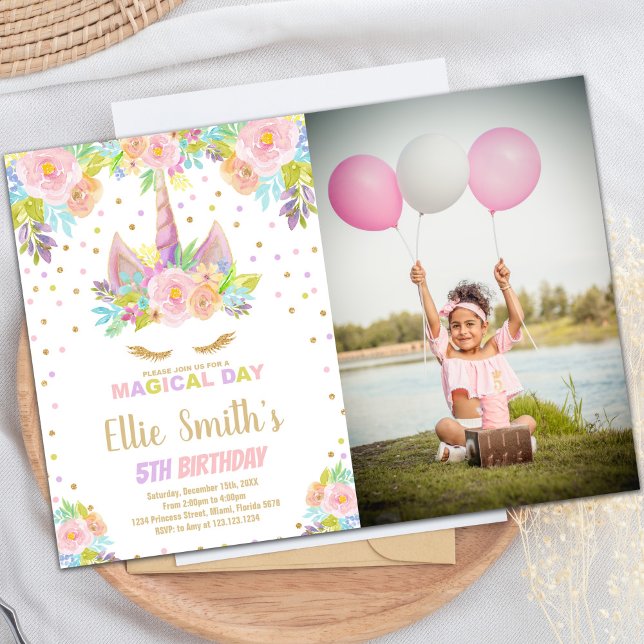 Invitaciones de cumpleaños de Unicornio rosa flora (Floral Pink Unicorn Birthday Invitations w photo)