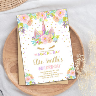 Invitaciones de cumpleaños de Unicornio rosa flora