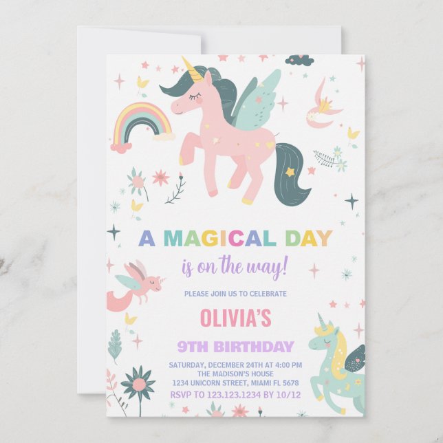 Invitaciones de cumpleaños de Unicornio Rosado (Anverso)