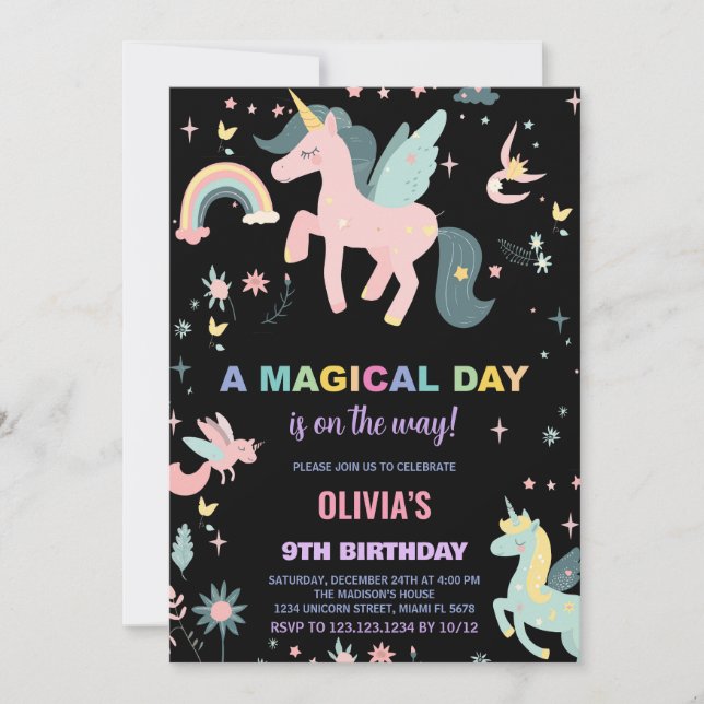 Invitaciones de cumpleaños de Unicornio Rosado (Anverso)
