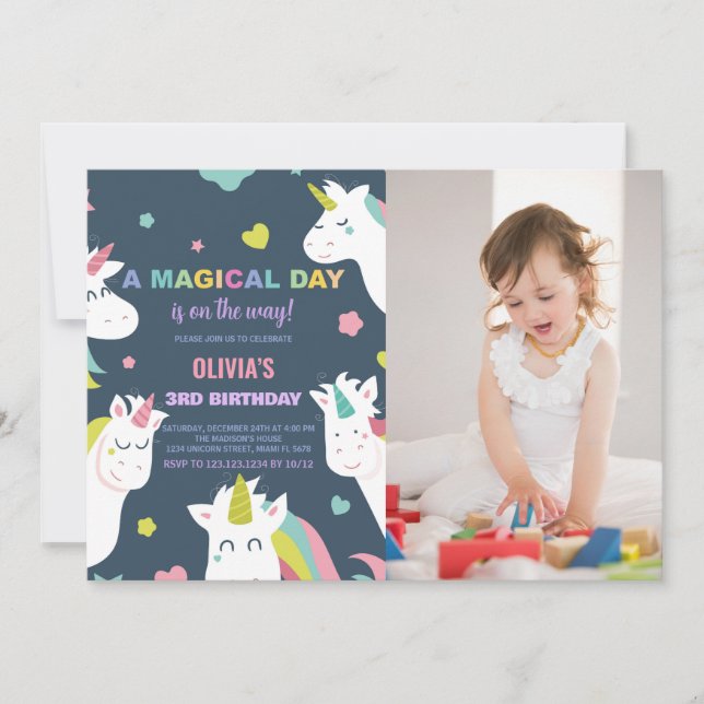 Invitaciones de cumpleaños de Unicornios con foto (Anverso)