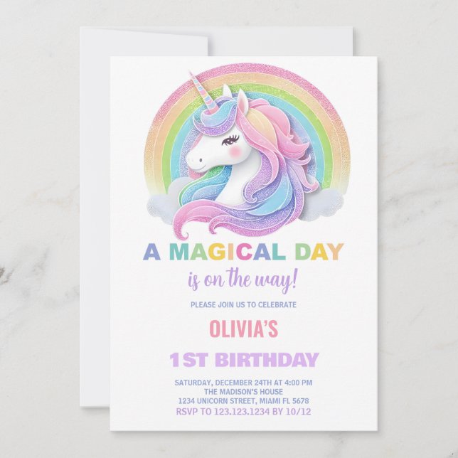 Invitaciones de cumpleaños de Unicornios Purpurina (Anverso)