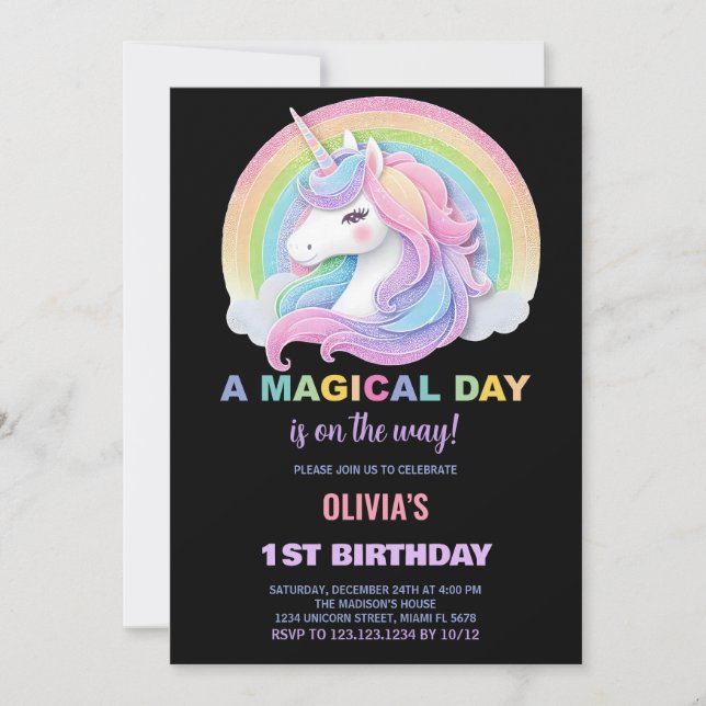 Invitaciones de cumpleaños de Unicornios Purpurina (Anverso)