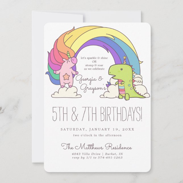 Invitaciones de cumpleaños de Unicornios y Dinosau (Anverso)