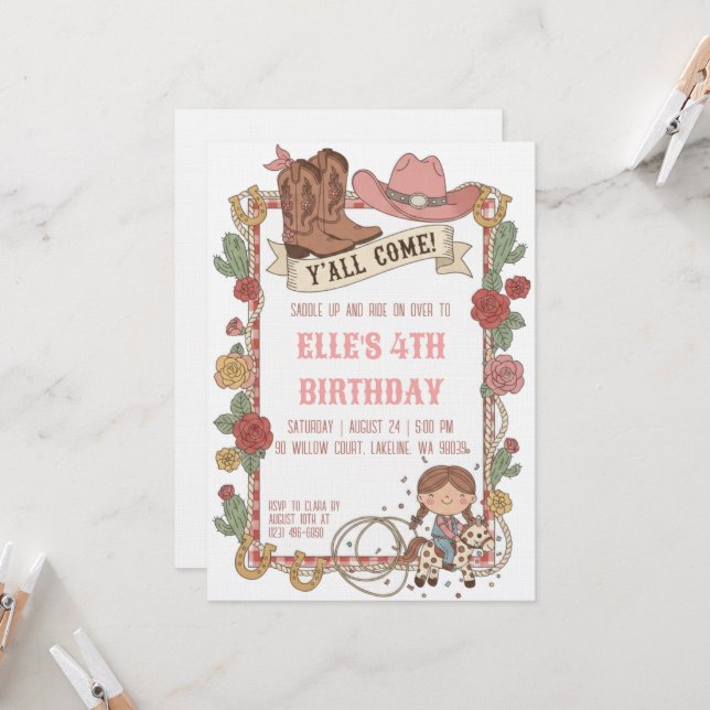 invitaciones de cumpleaños de vaquera del oeste (Anverso/Reverso In Situ)