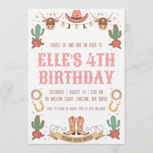 invitaciones de cumpleaños de vaquera del oeste (Anverso)