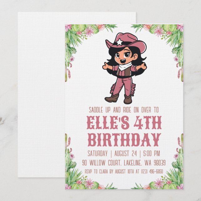 invitaciones de cumpleaños de vaquera del oeste (Anverso / Reverso)
