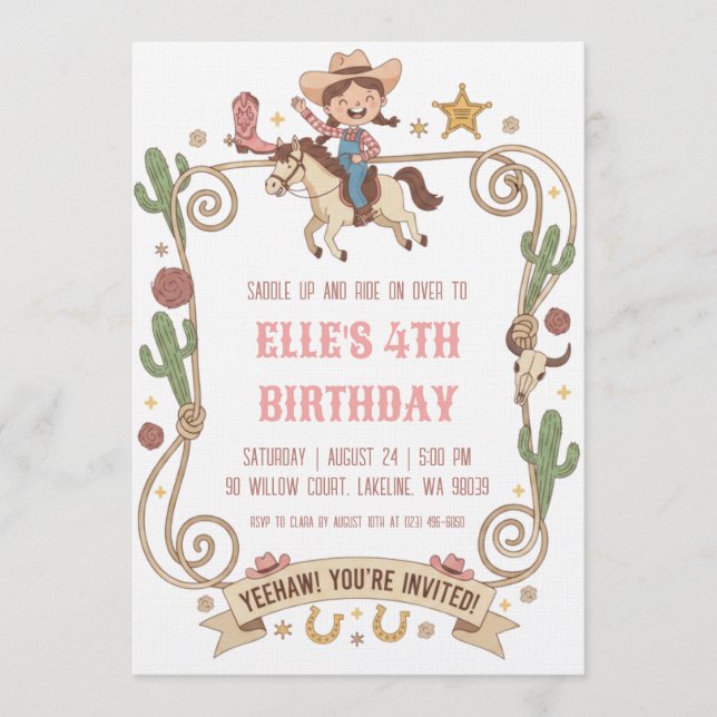 invitaciones de cumpleaños de vaquera del oeste (Anverso)