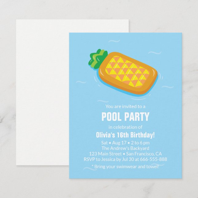 Invitaciones de cumpleaños de verano con flotador  (Anverso / Reverso)
