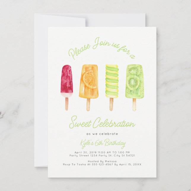 Invitaciones de cumpleaños de verano con paletas d (Anverso)