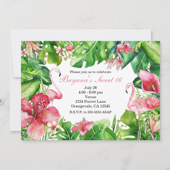 Invitaciones de cumpleaños de verano de Flamingo T (Anverso)