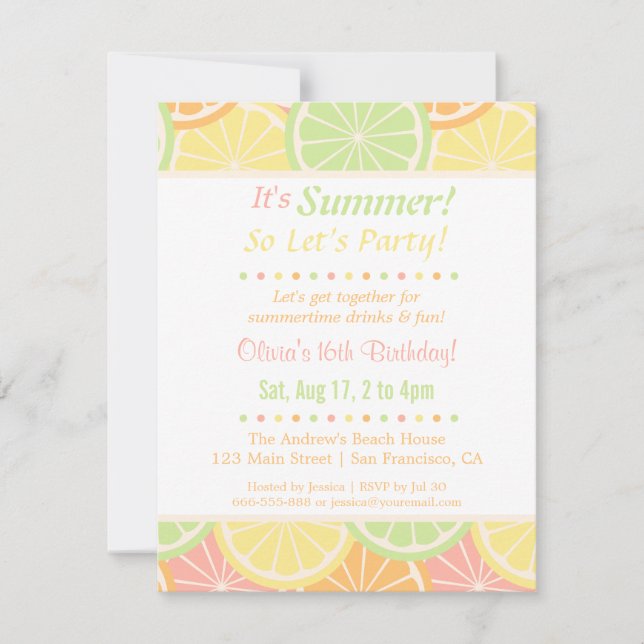 Invitaciones de cumpleaños de verano frescas y afr (Anverso)