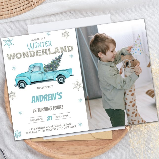 Invitaciones de cumpleaños de Winter Photo Wonderl (Winter Photo Wonderland Truck Birthday Invitations)