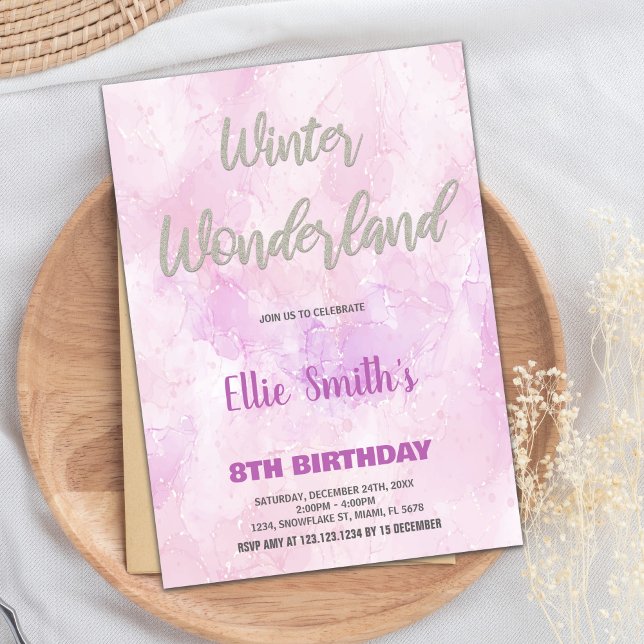 Invitaciones de cumpleaños de Winter Wonderland Ar (Winter Wonderland Birthday Invitations Pink Art)