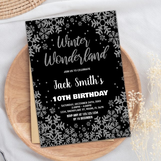 Invitaciones de cumpleaños de Winter Wonderland Bl (Winter Wonderland Birthday Invitations Black)