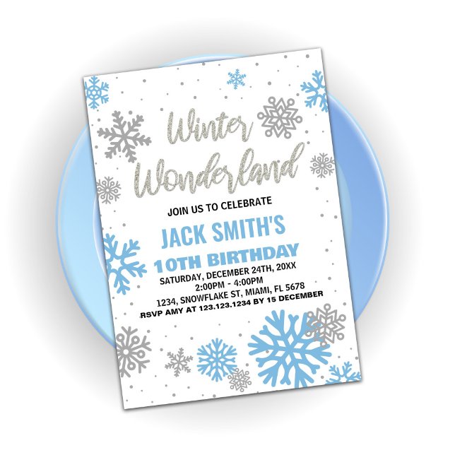 Invitaciones de cumpleaños de Winter Wonderland Bl (Winter Wonderland Birthday Invitations Blue White)