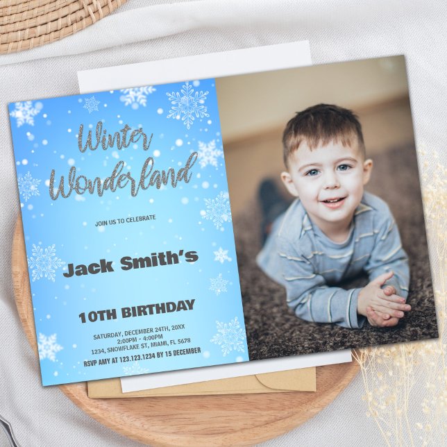 Invitaciones de cumpleaños de Winter Wonderland co (Winter Wonderland Birthday Invitations with Photo)