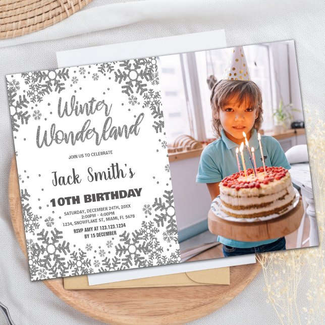 Invitaciones de cumpleaños de Winter Wonderland co (Winter Wonderland Birthday Invitations w Photo)