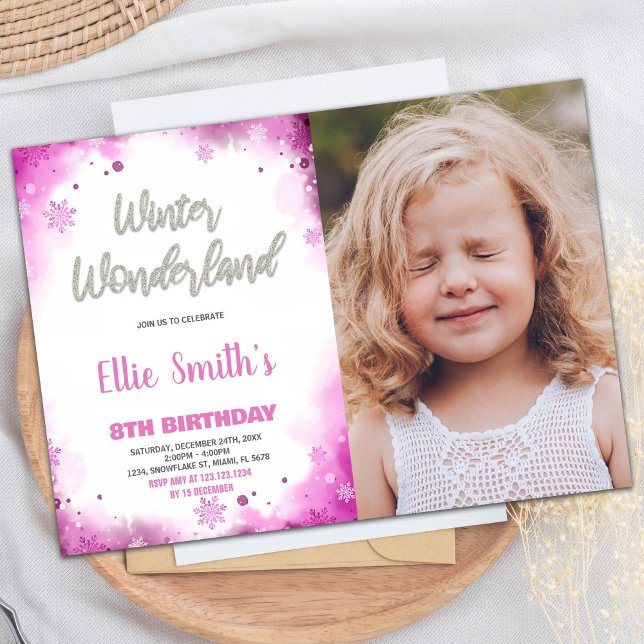 Invitaciones de cumpleaños de Winter Wonderland Fo (Winter Wonderland Birthday Invitations Pink Photo)