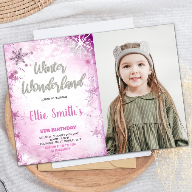Invitaciones de cumpleaños de Winter Wonderland Fo (Winter Wonderland Birthday Invitations Pink photo)