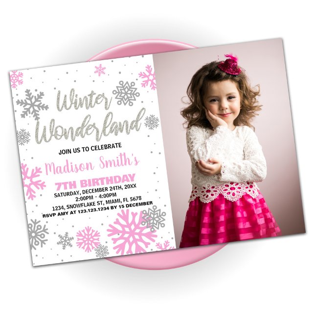 Invitaciones de cumpleaños de Winter Wonderland Fo (Winter Wonderland Birthday Invitations Pink Photo)