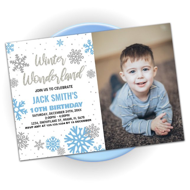Invitaciones de cumpleaños de Winter Wonderland Fo (Winter Wonderland Birthday Invitations White Photo)