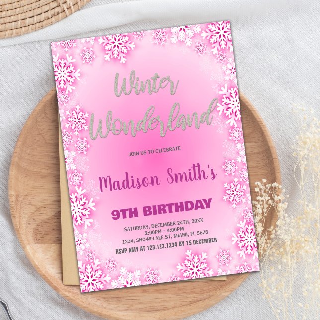 Invitaciones de cumpleaños de Winter Wonderland Ni (Winter Wonderland Birthday Invitations Pink Snow)
