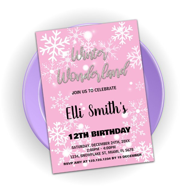 Invitaciones de cumpleaños de Winter Wonderland Pi (Winter Wonderland Birthday Invitations Silver Pink)