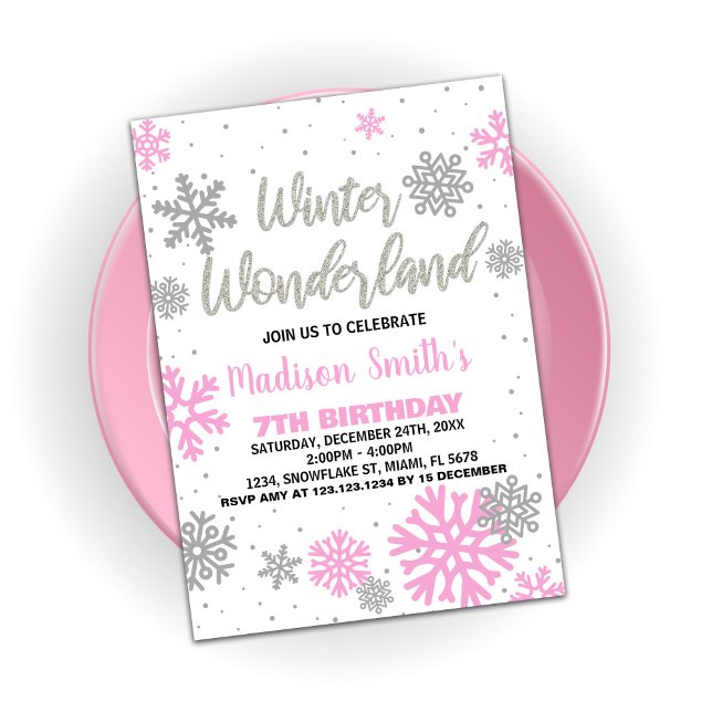 Invitaciones de cumpleaños de Winter Wonderland Pi (Winter Wonderland Birthday Invitations Pink White)