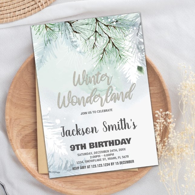 Invitaciones de cumpleaños de Winter Wonderland Pi (Winter Wonderland Birthday Invitations Pine Silver)