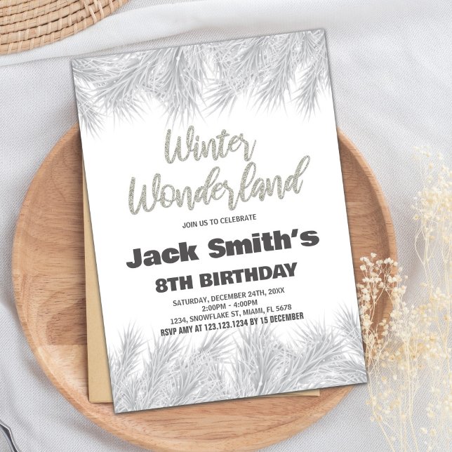 Invitaciones de cumpleaños de Winter Wonderland Pi (Winter Wonderland Birthday Invitations Silver Pine)