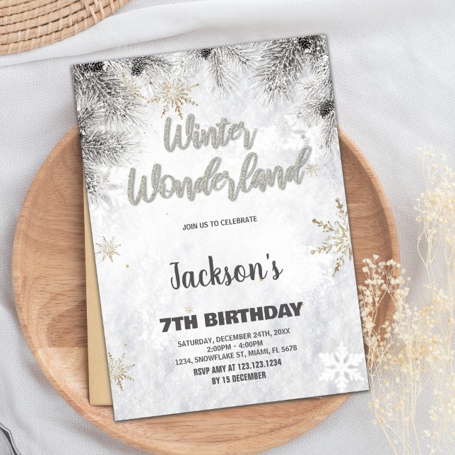 Invitaciones de cumpleaños de Winter Wonderland Pi (Winter Wonderland Birthday Invitations Pine Silver)