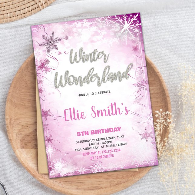 Invitaciones de cumpleaños de Winter Wonderland Pl (Winter ONEderland Birthday Invitations Pink Silver)