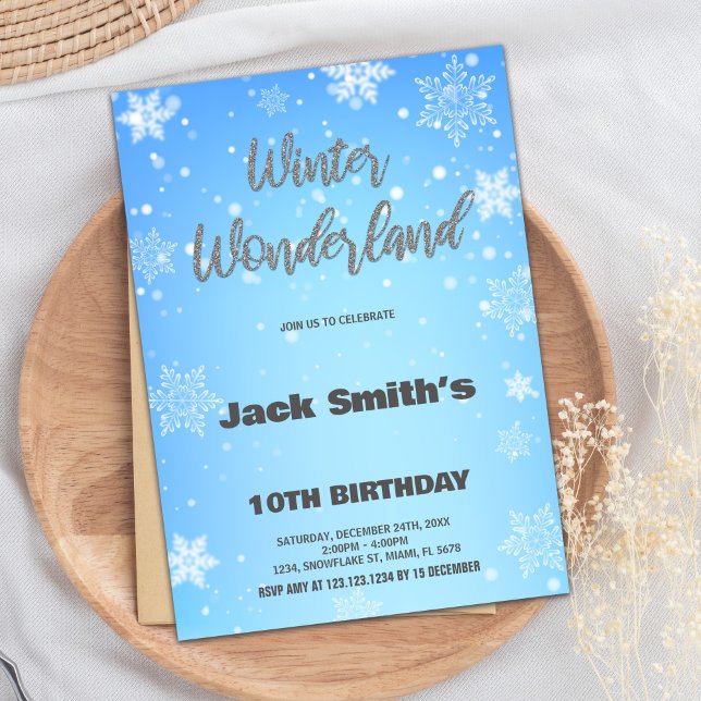 Invitaciones de cumpleaños de Winter Wonderland Si (Winter Wonderland Birthday Invitations Silver Blue)