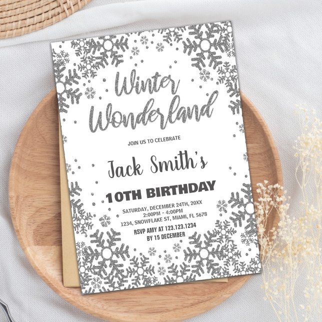 Invitaciones de cumpleaños de Winter Wonderland Si (Winter Wonderland Birthday Invitations Silver)