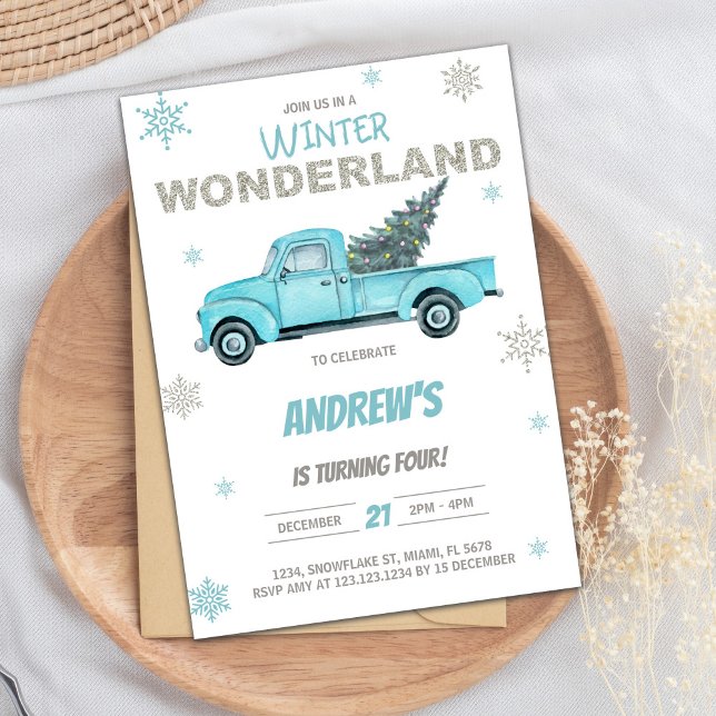 Invitaciones de cumpleaños de Winter Wonderland Tr (Winter Wonderland Truck Birthday Invitations)