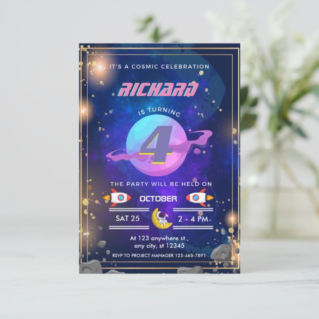 Invitaciones de cumpleaños del astronauta al espac (Anverso de pie)