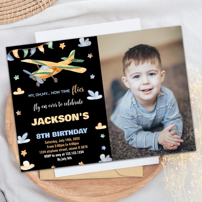 Invitaciones de cumpleaños del avión amarillo negr (Airplane Birthday Invitations Yellow Black w Photo)
