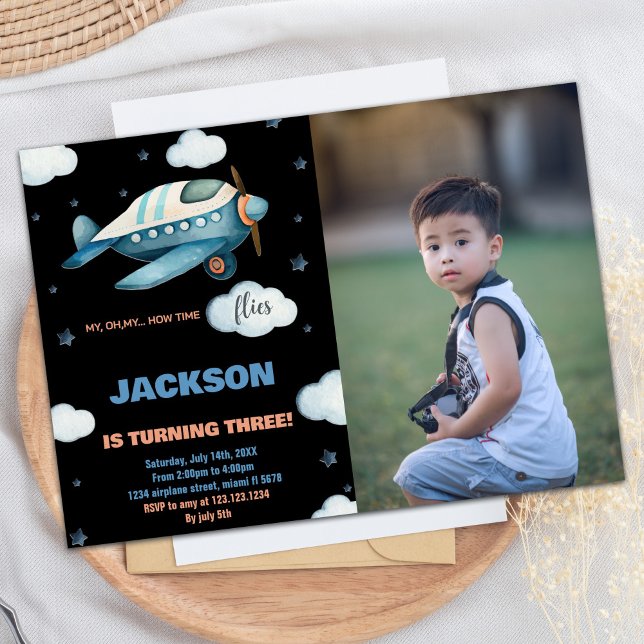 Invitaciones de cumpleaños del avión azul negro co (Airplane Birthday Invitations Blue Black w Photo)