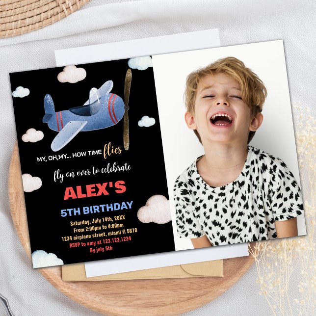 Invitaciones de cumpleaños del avión Azul negro co (Airplane Birthday Invitations Black Blue w Photo)