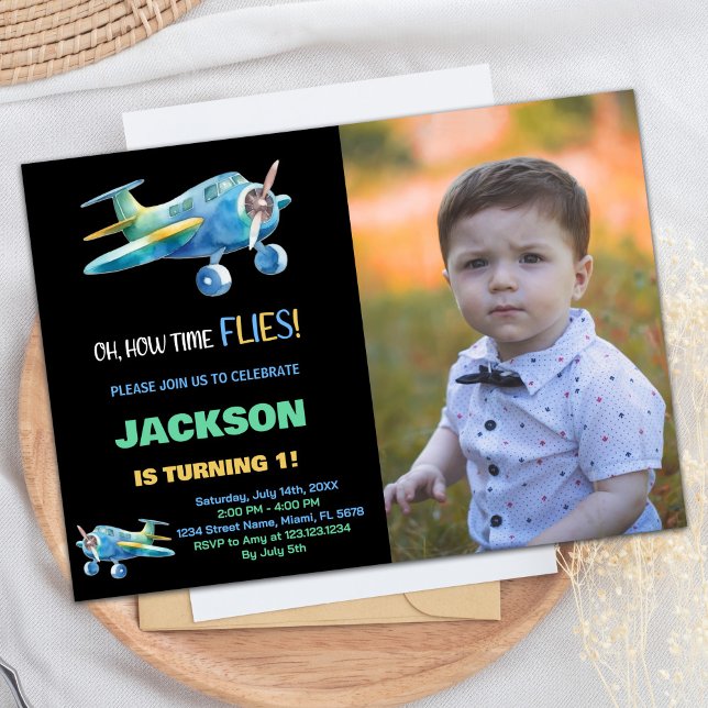 Invitaciones de cumpleaños del avión Azul negro co (Airplane Birthday Invitations Black Blue w Photo)