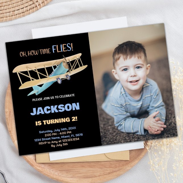 Invitaciones de cumpleaños del avión Azul negro co (Airplane Birthday Invitations Black Blue w Photo)